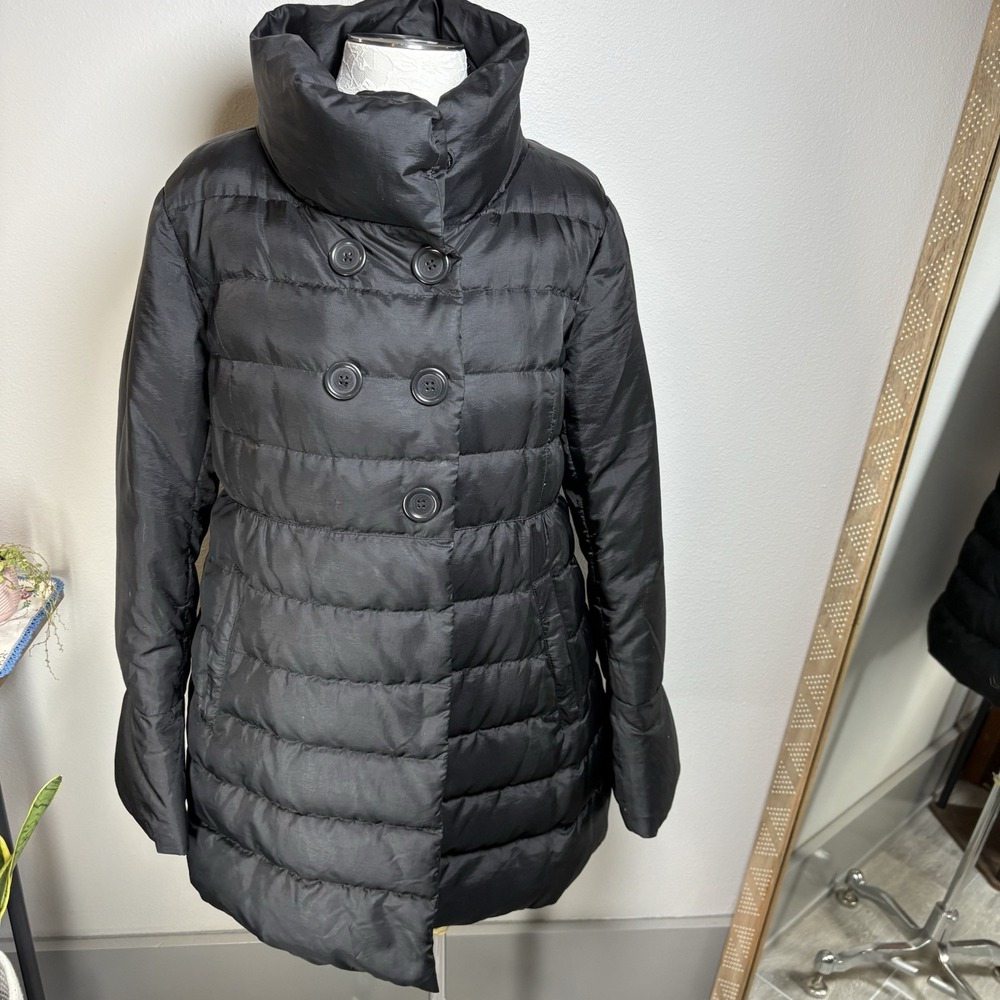 Ann Taylor LOFT Womens L Black Puffer Jacket Winter Down Feather MISSING BUTTON